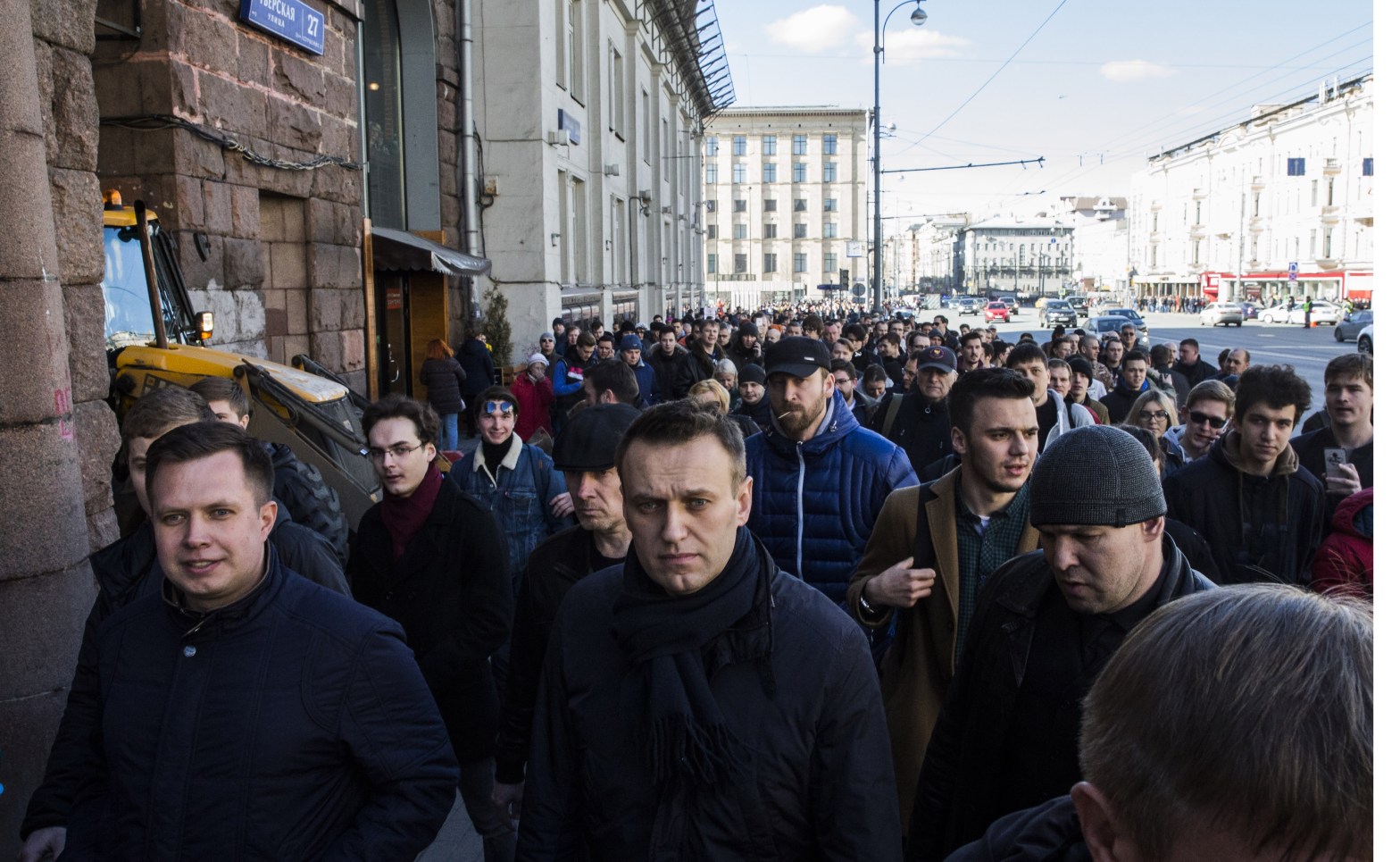 The photo shows Navalny on  26 March 2017 at a rally in Moscow. The photograph is CC 4.0 by Evgeny Feldman / Wikimedia Commons