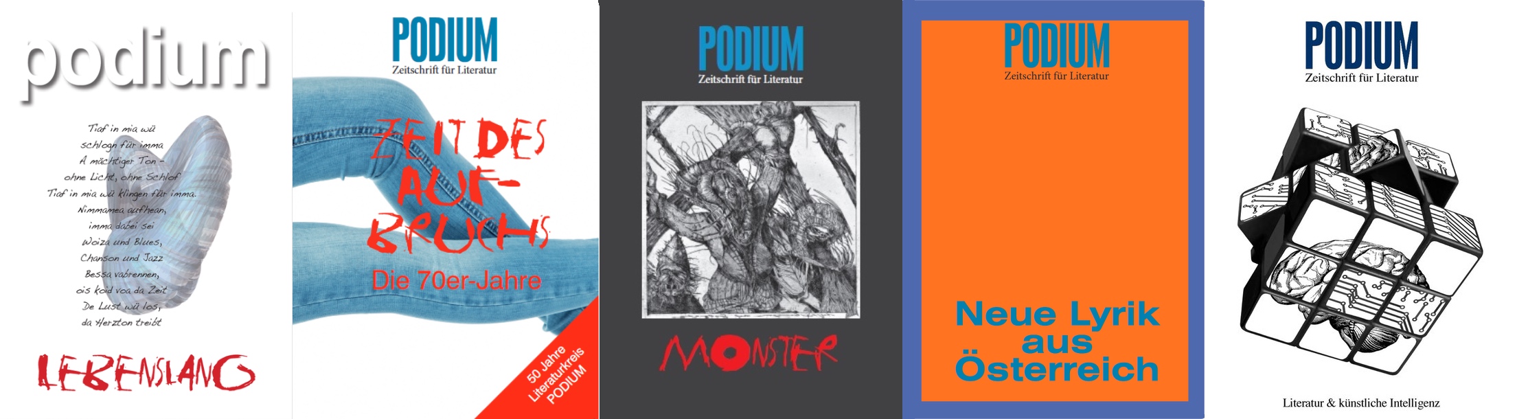 Covers der Literaturzeitschrift Podium auf mailyour.art
