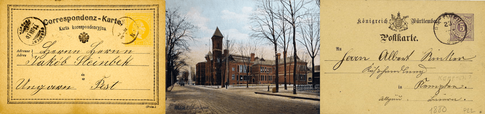 Postcards: Budapest (1869), the Ithaca High School (1885), and the Kingdom of Wurtemberg (1885)