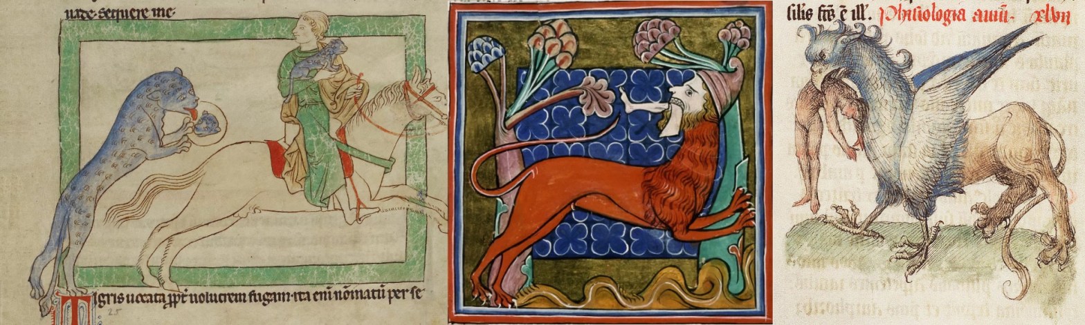 Blue Tiger, Northumberland Bestiary, 1250–60, The J. Paul Getty Museum’s Open Content Program Manticore, 13th century, Oxford Bodleian Library, Wikimedia Commons Griffin from Book of Flowers, 1460, (The Hague, Koninklijke Bibliotheek, National Library of the Netherlands
